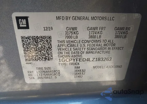 2020 Chevrolet Silverado 1500 4Wd Short Bed Lt Trail Boss z USA, uszkodzony, nr VIN 1GCPYFED4LZ183263